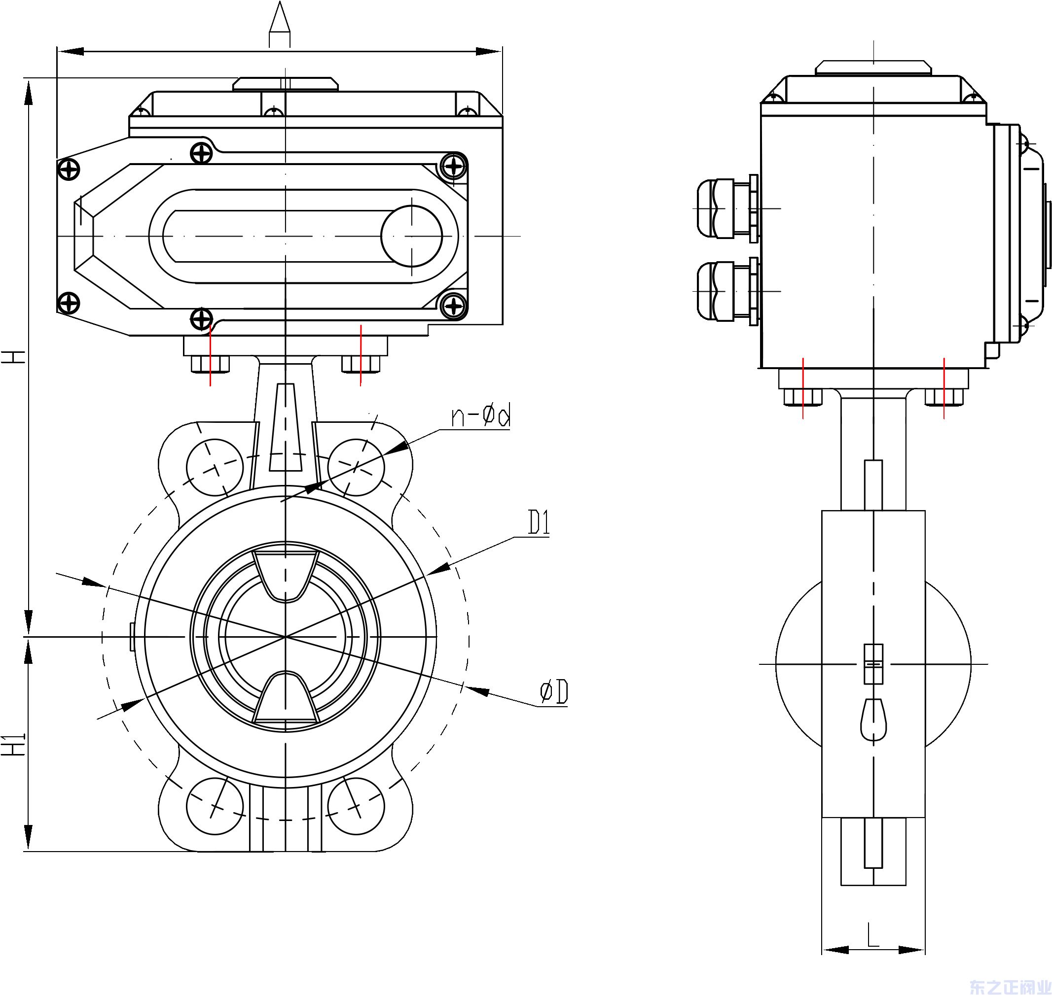 電動對夾式全襯氟蝶閥結構圖 電動對夾式全襯氟蝶閥結構圖